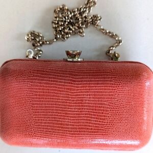 Ann Taylor, chic faux skin orange color, petite bag on chain.